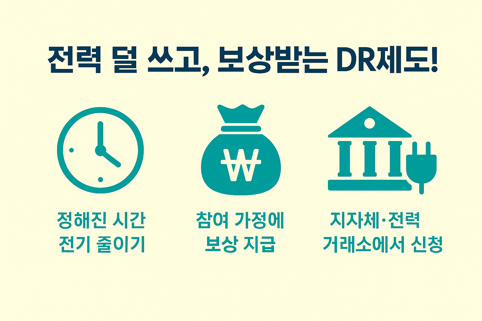 전기요금 할인 제도 중 하나인 수요반응제도(DR제도)의 신청, 보상 및 절전 방법을 설명한 인포그래픽 이미지