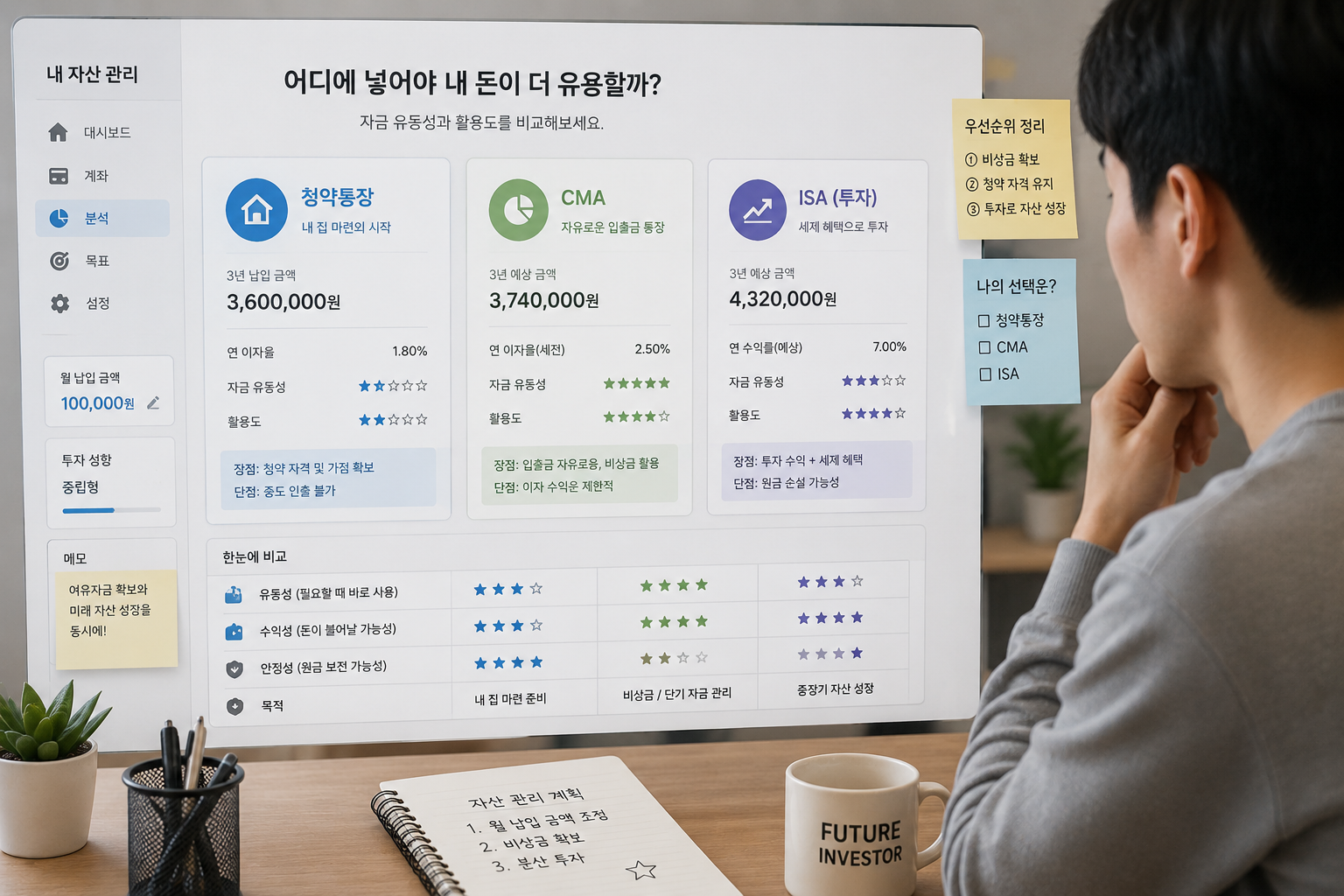 청약통장·CMA·ISA를 비교하며 자금 유동성과 활용도를 고민하는 사회초년생의 자산 관리 화면