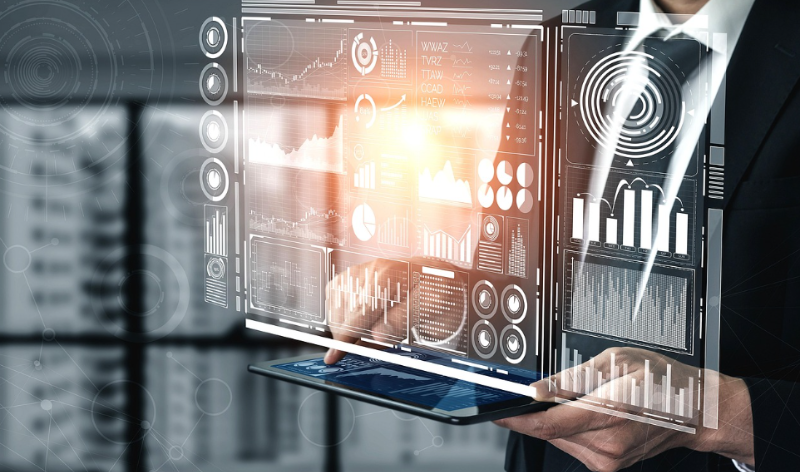 태블릿 화면에 표시된 인공지능 데이터 분석 그래프와 디지털 인터페이스, AI 기술을 활용한 스마트 육아 솔루션을 상징하는 장면