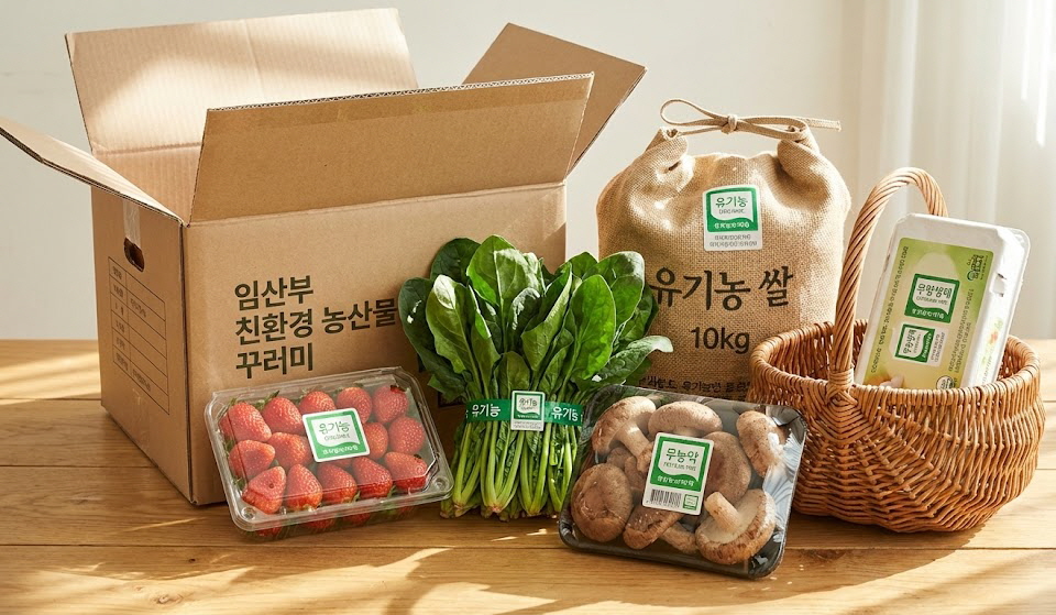 갓 수확한 듯한 신선한 유기농 딸기, 시금치, 버섯, 친환경 쌀 포대, 무항생제 달걀 등이 종이 박스와 바구니에 풍성하고 정갈하게 담겨 있는 모습.