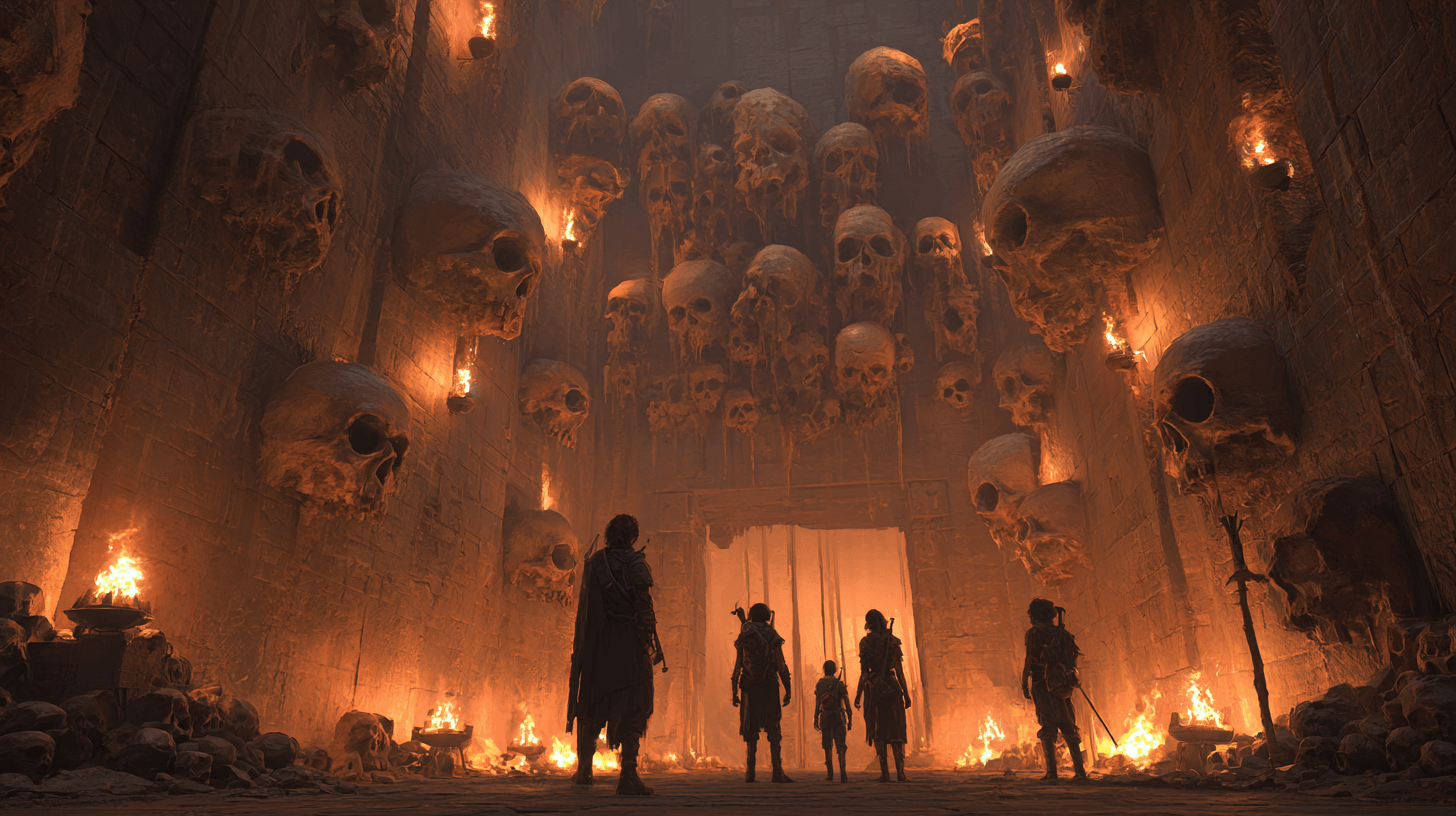 해골로-장식된-신전에-서-있는-사람들