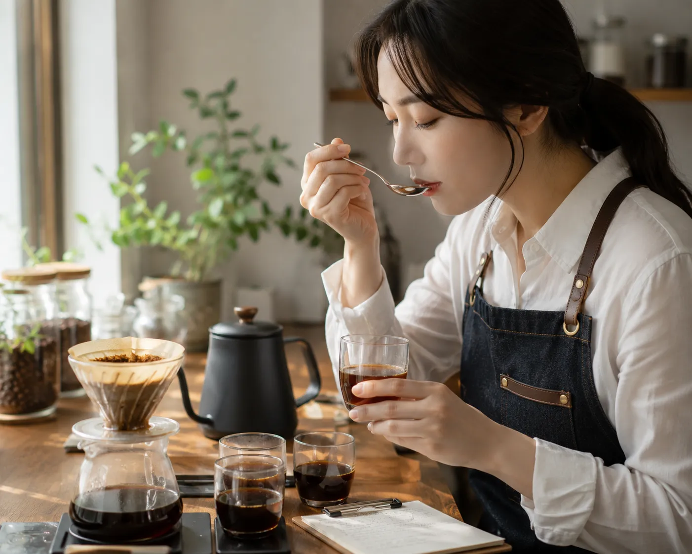 커피 맛을 보고 조정하는 모습