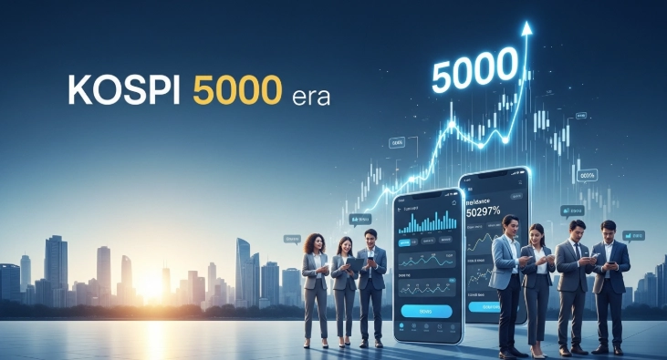 코스피 5000 시대를 맞아 토스 앱으로 투자를 통해 자산을 늘려가는 다양한 사람들의 모습. 상승하는 주식 차트와 미래 지향적인 도시 풍경이 보입니다.