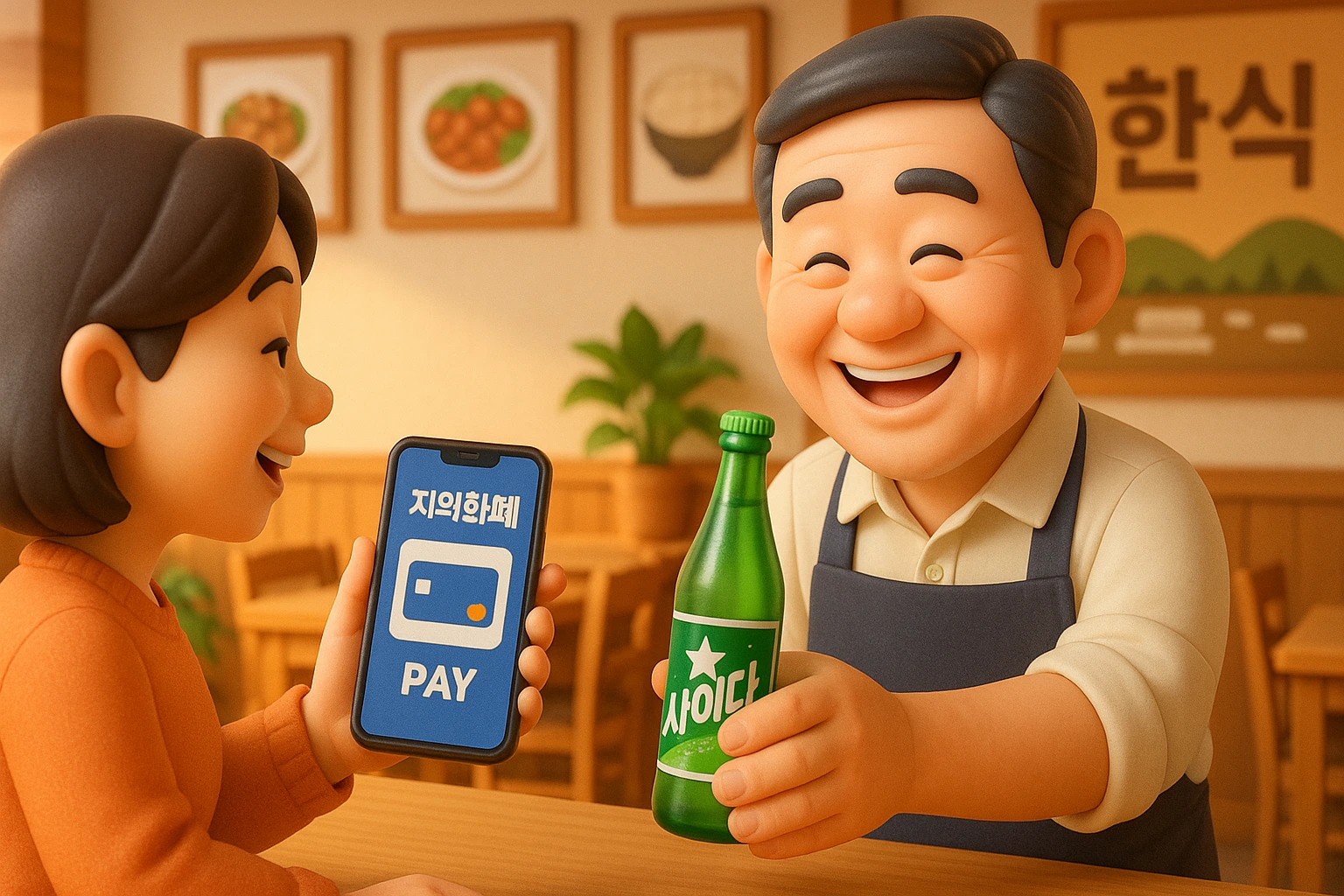 지역사랑상품권으로 결제한 손님이 사장님에게 서비스 음료수를 받으며 기뻐하는 모습