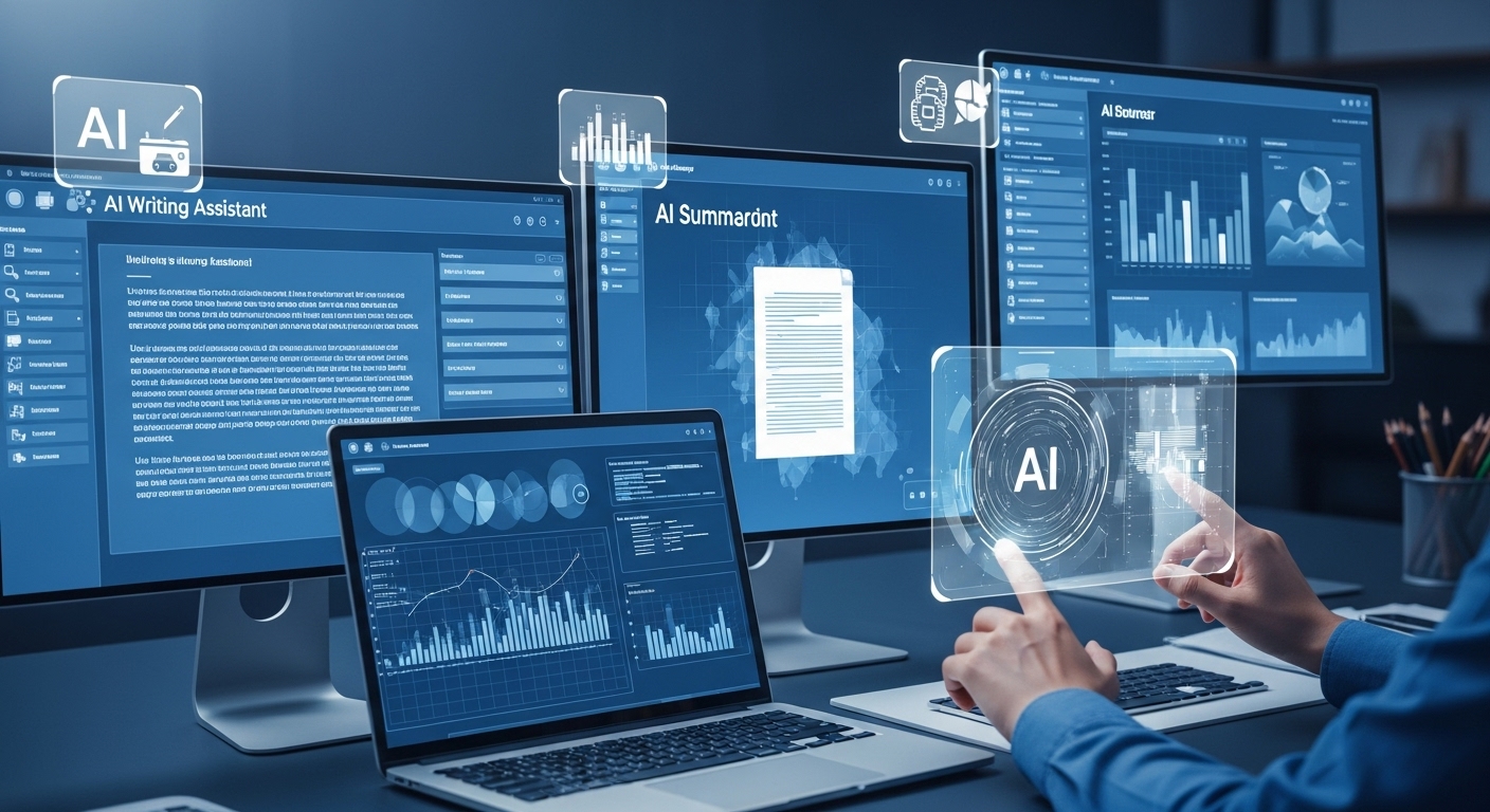 AI 글쓰기, 요약, 데이터 분석 도구들이 여러 화면에 표시된 효율적인 디지털 작업 공간