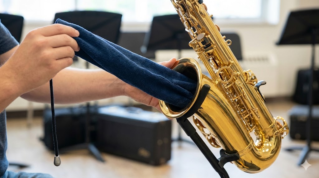 색소폰 바디 청소용 스왑(수건)을 벨에 넣어 침을 닦는 올바른 모습