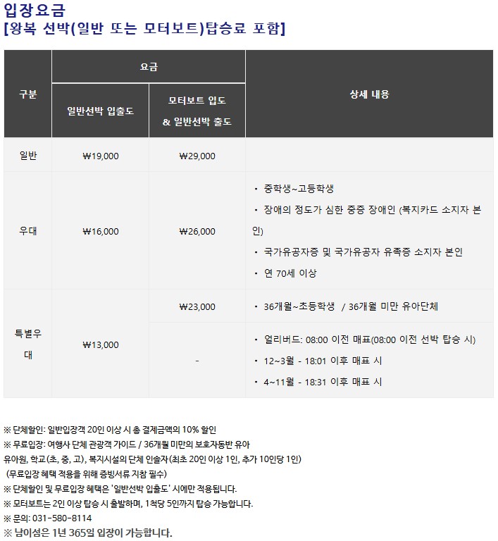 남이섬 배시간표 / 배값