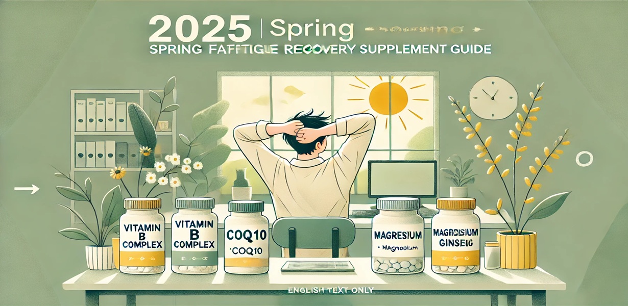 사무실에서 피로를 느끼는 남성과 피로 회복 보충제(Vitamin B, CoQ10, Magnesium 등)가 함께 놓인 봄 배경의 인포그래픽 이미지