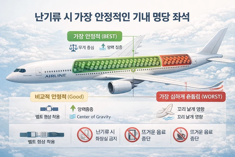 여객기 측면 단면도 인포그래픽으로 난기류 시 가장 안정적인 좌석은 날개 위 구역, 가장 많이 흔들리는 좌석은 꼬리 쪽 구역으로 표시하고, 벨트 착용·화장실 이용 금지·뜨거운 음료 중단 같은 안전 수칙 아이콘을 함께 정리한 이미지