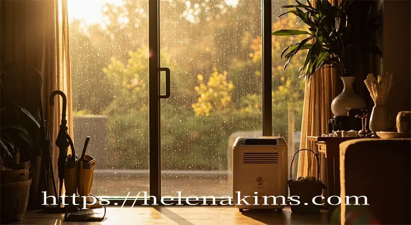 거실 창 밖에 비가 내리고 거실에는 제습기와 우산 등이 있는 이미지.