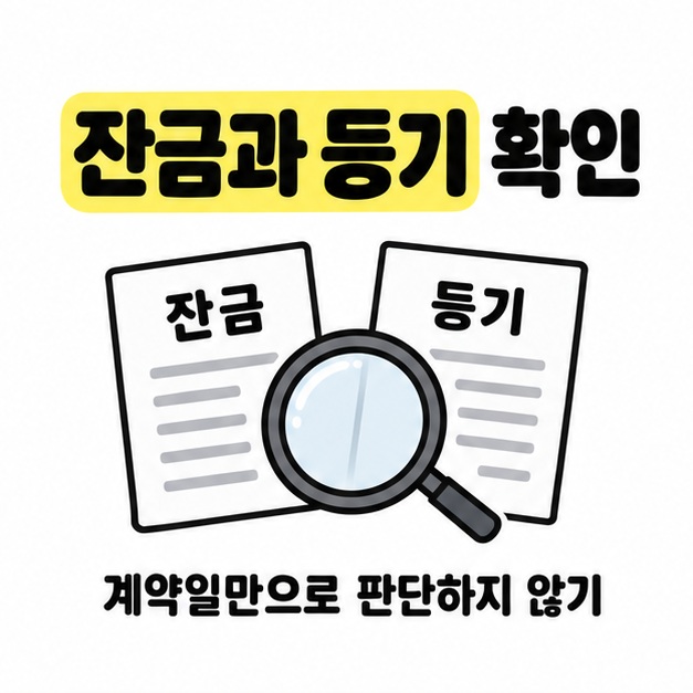 잔금과 등기 서류를 돋보기로 살펴보며 매매 시 확인할 날짜를 보여주는 그림