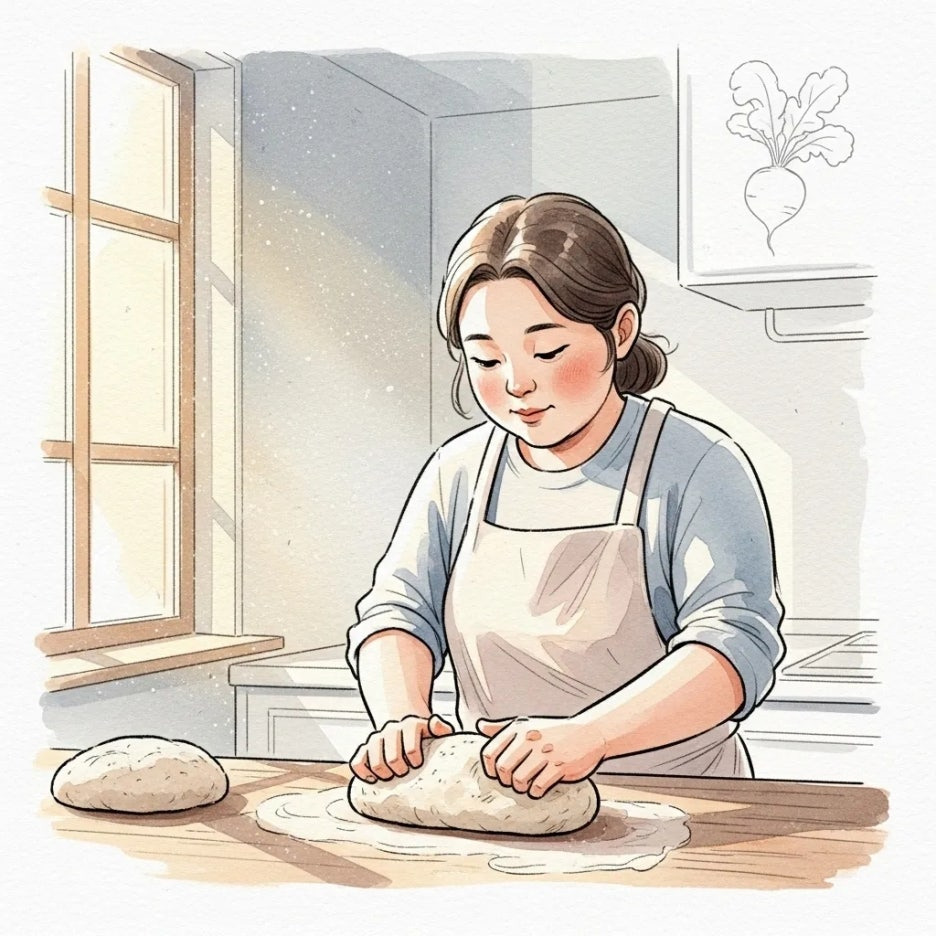 빵 반죽을 정성껏 치대는 로트코바 안나 달인의 모습