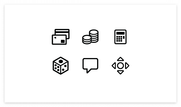 Free Icon vector source : Credit card, Coin, Calculator, Dice, Speech bubble, Move tool