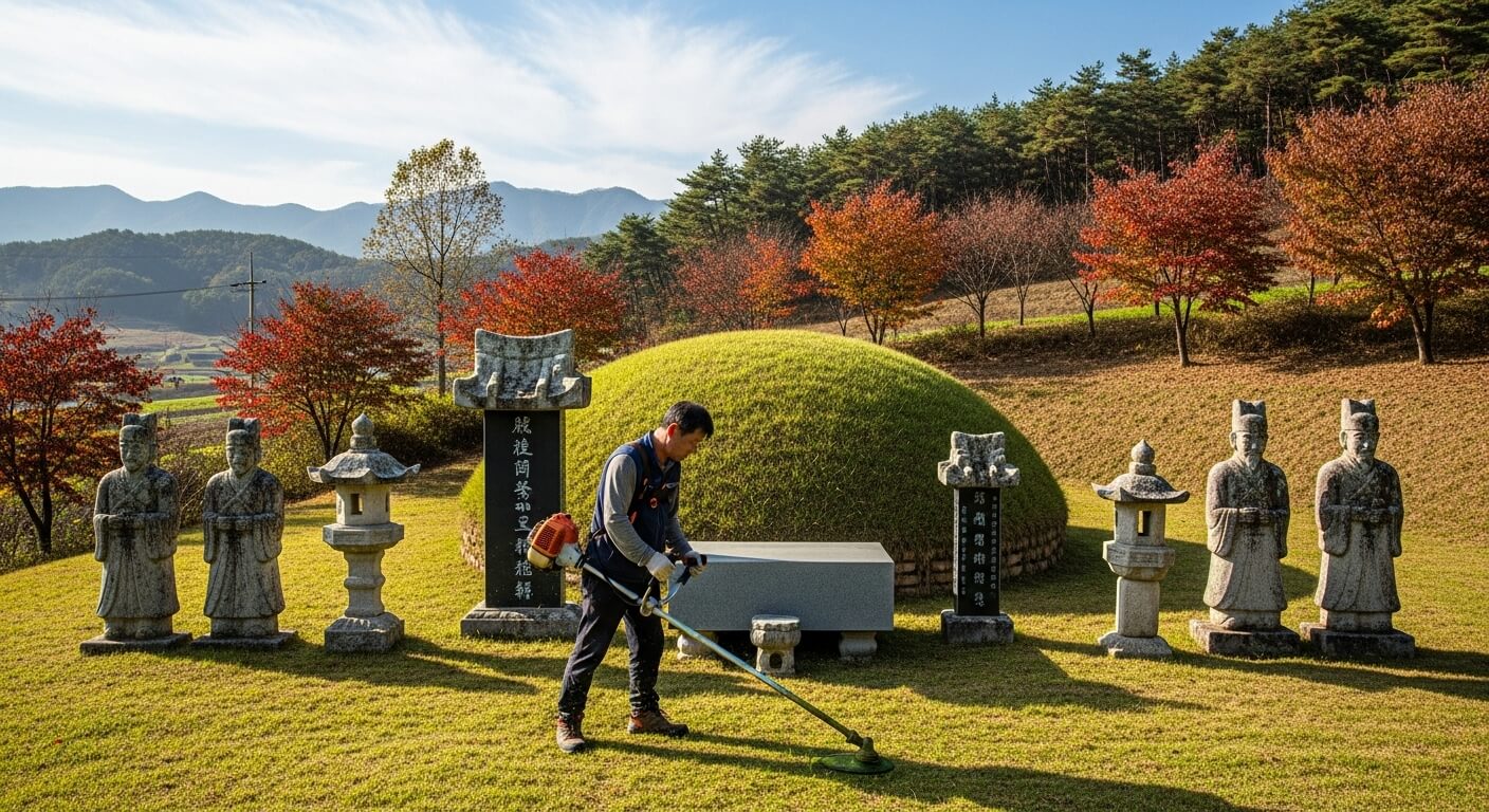 남성이 전동 예초기로 봉분 묘소 주변 풀을 깎는 장면