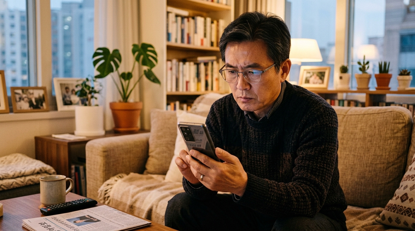 본인이 종합소득세 신고대상인지 휴대폰으로 자가진단하는 한국인 남성