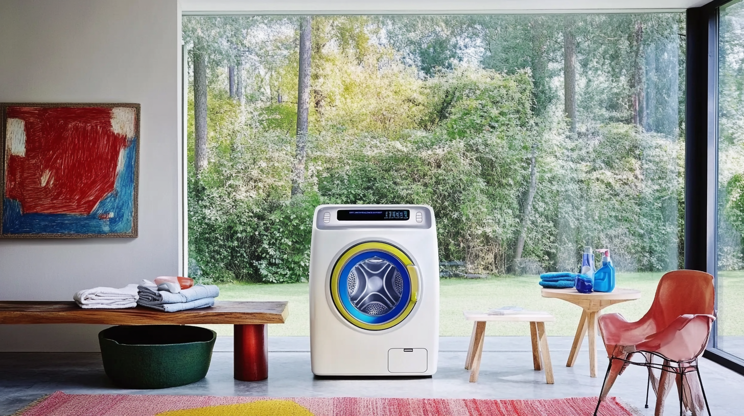 스마트 에너지 절감 기술을 갖춘 미래적 디자인의 삼성 세탁기가 세련된 세탁실에서 기술 지향적 가정을 위한 제품임을 보여줍니다.