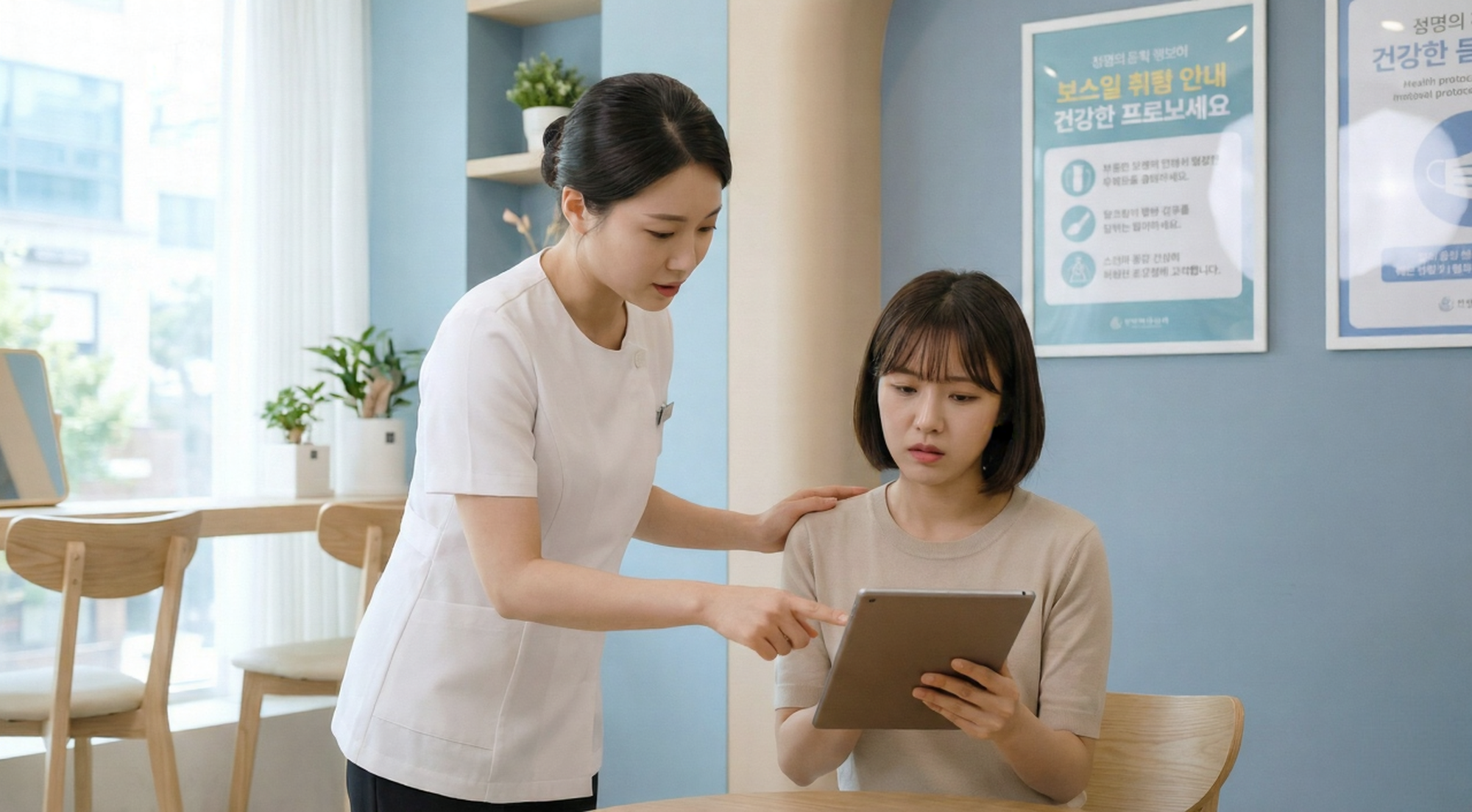 정신건강과 의료보장 정보를 상담사가 태블릿으로 설명해 주는 장면을 보여주는 이미지입니다.
