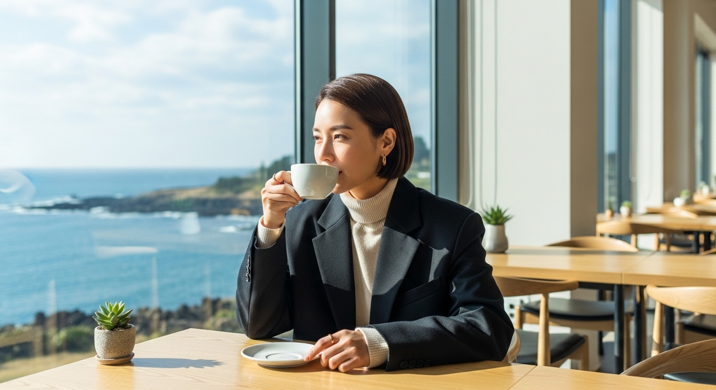 바다가 보이는 제주도 감성 카페 창가에 앉아 커피를 마시고 있는 사람. 블레이저와 터틀넥으로 세련된 어반 캐주얼룩을 연출했다.