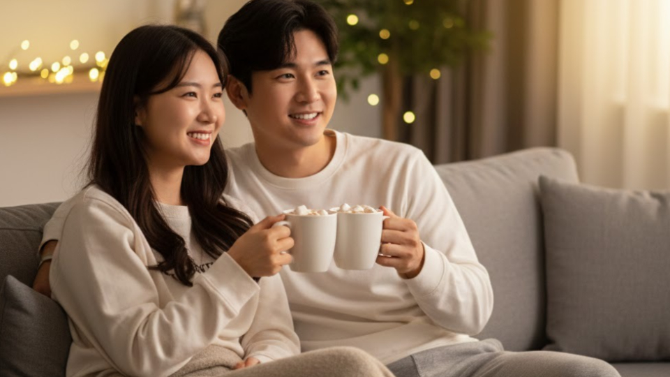 따뜻한 집 거실에서 TV로 보신각 타종행사를 보며 행복해하는 커플.