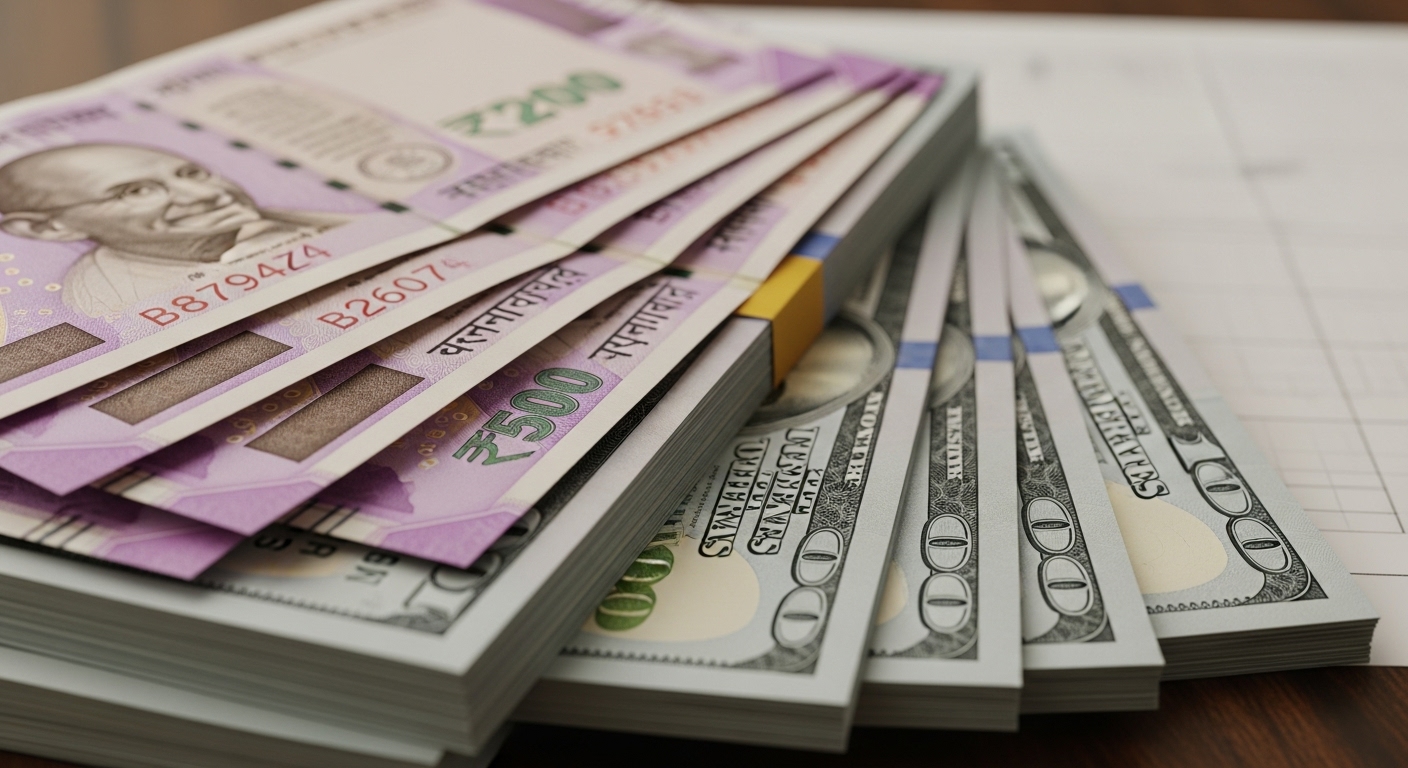 인도 루피 지폐 다발과 미국 달러 지폐 다발이 겹쳐져 있는 모습. 미-인도 경제 협력과 큰 투자 기회를 상징함