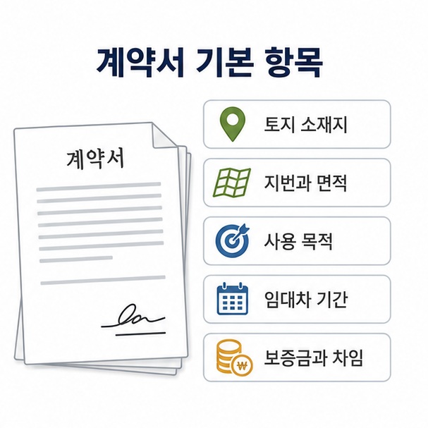 토지 임대차 계약서에 소재지와 지번, 면적, 사용 목적, 계약기간, 보증금과 차임을 작성하는 항목을 정리한 이미지