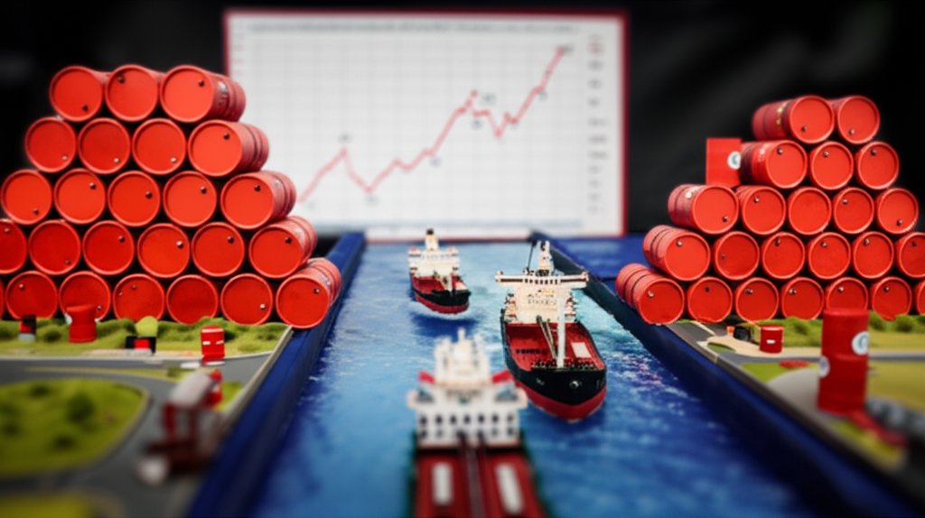 호르무즈 해협 봉쇄로 인한 국제 유가 급등을 표현한 미니어처 디오라마 스타일, 틸트시프트 효과