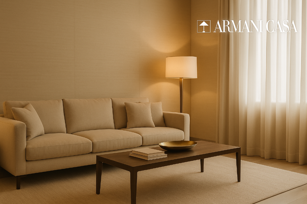 Armani Casa 스타일의 인테리어. 샌드 베이지톤 거실에 Mida sofa와 lucente Lamp가 놓인 장면