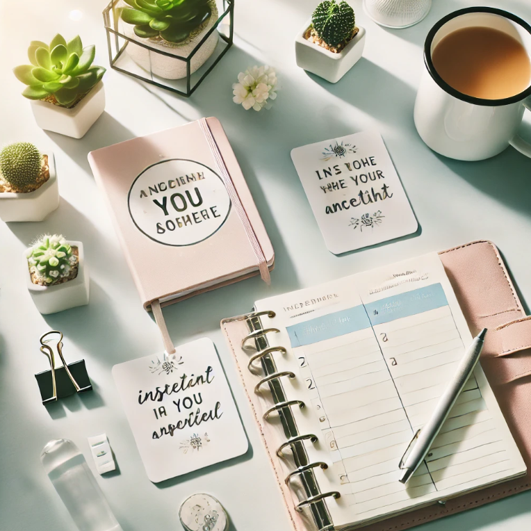 책상 위에 놓인 명언 카드와 다이어리, 옆에는 펜과 체크리스트가 놓여 있는 장면