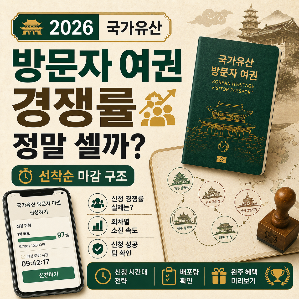 국가유산 방문자 여권 신청 화면과 스탬프 투어 지도 이미지