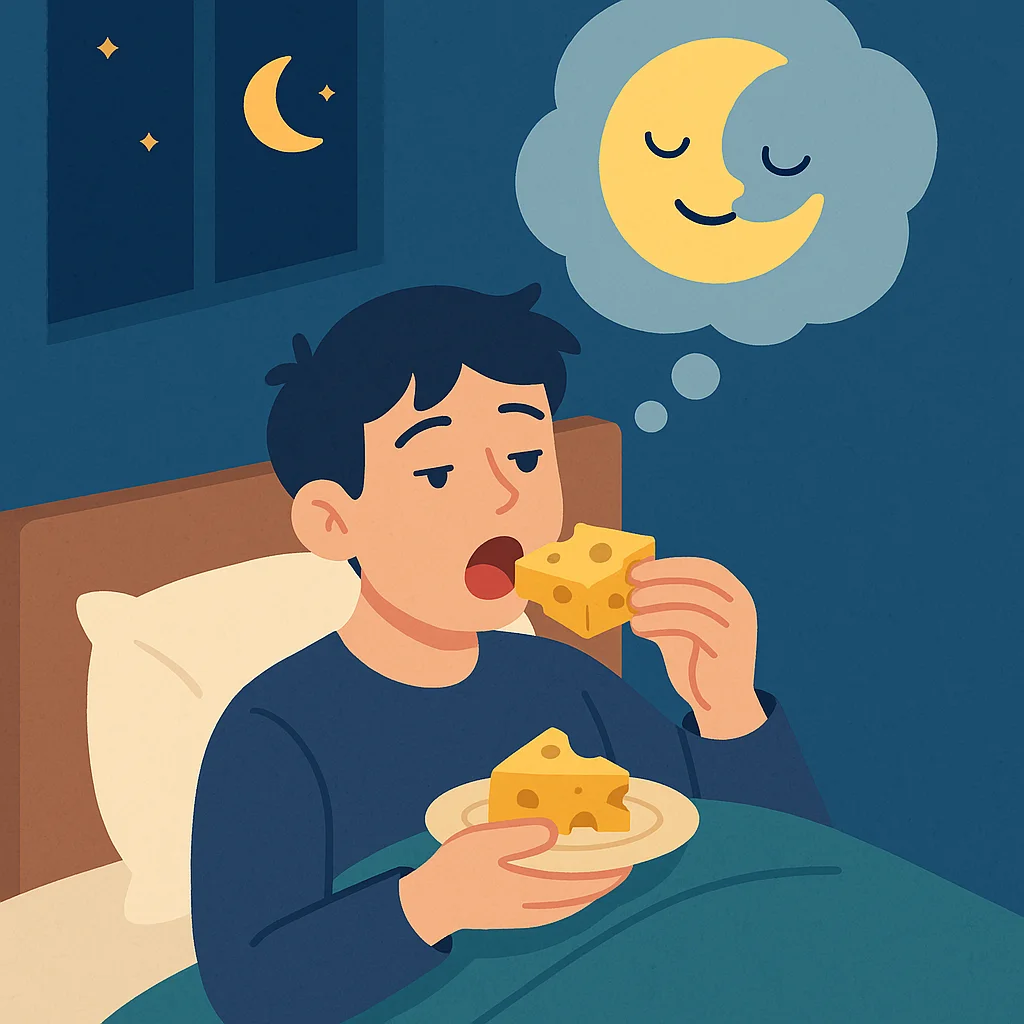 잠들기 전 치즈를 먹고 있는 남성이 침대에 누워 졸린 표정으로 앉아 있는 모습. 창밖에는 달이 떠 있고, 상상 속 달이 꿈처럼 표현된 일러스트.