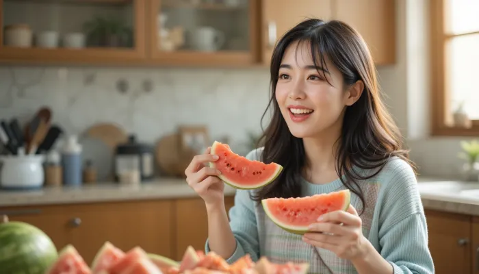 여름철 수박을 먹으며 수분 보충하는 여성