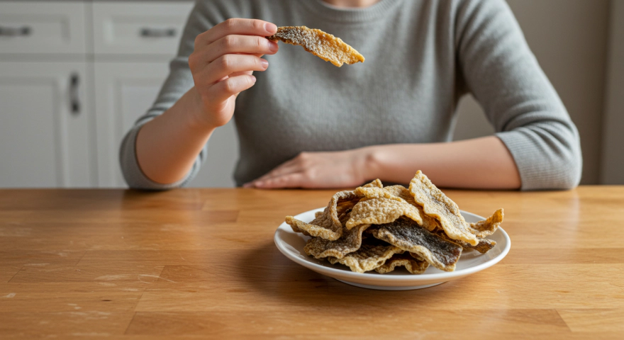 명태 껍질을 간식으로 즐기는 여성