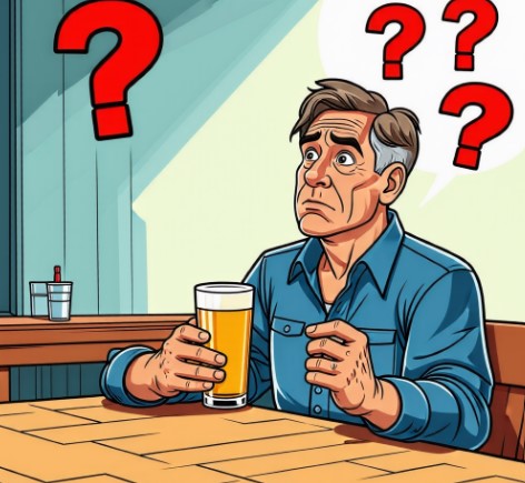 한 남성이 맥주잔을 들고 고민하고 있는 모습입니다. 옆에는 물음표 이미지가 있습니다.