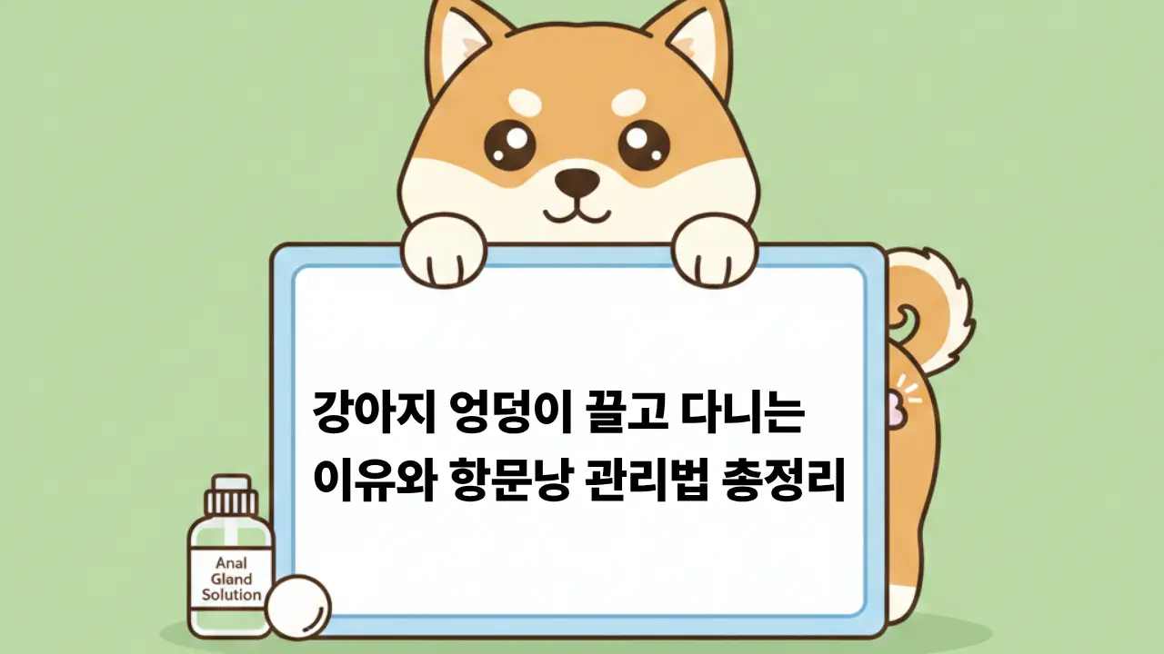 강아지 엉덩이 끌기 원인과 항문낭 관리법을 설명하는 귀여운 강아지 일러스트 이미지