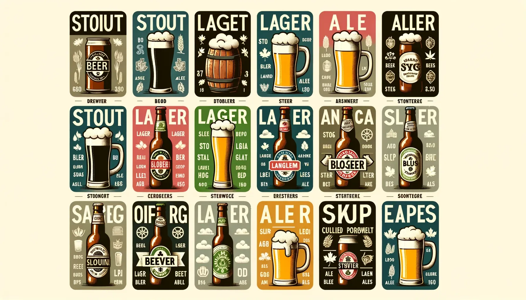 스타우트, 라거, 에일 등 다양한 맥주 종류를 일러스트로 표현하고 그 아래에 영문 라벨을 붙였습니다.