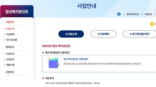 경기도 청년복지포인트 사업안내 페이지 상세화면 캡처, 신청자격과 접수일정 설명이 있는 화면