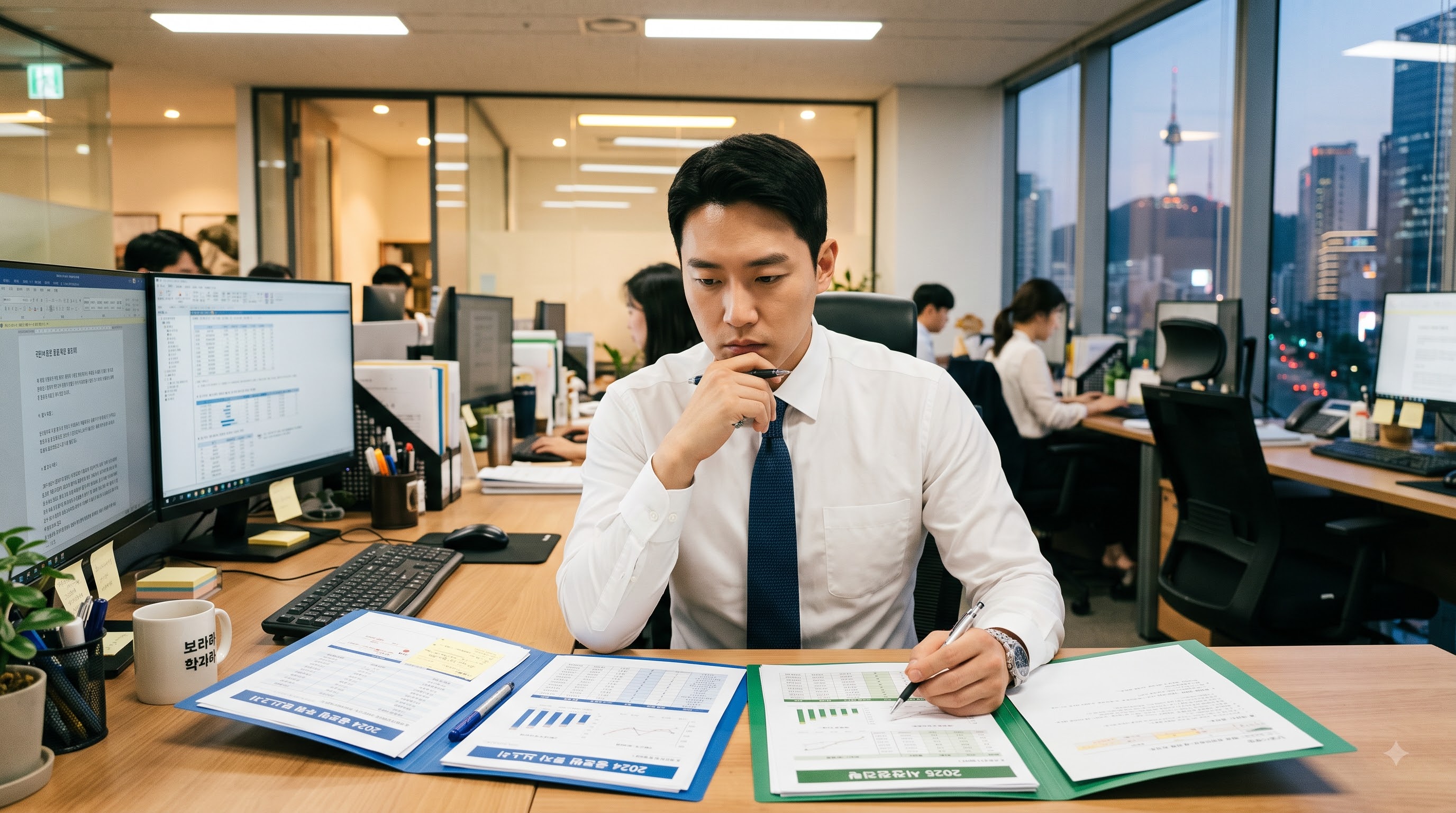 사무실 책상에서 퇴직연금 DB형과 DC형 관련 서류를 비교하며 고민하는 30대 한국인 남성 직장인