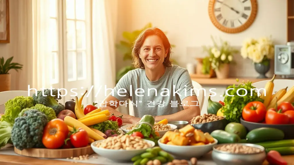 다양한 색깔의 신선한 채소, 과일, 견과류, 곡물 등이 풍성하게 차려진 식탁 앞에서, 활기차고 미소 짓는 사람이 자신감 있는 표정으로 맞춤형 식단을 즐기는 모습.