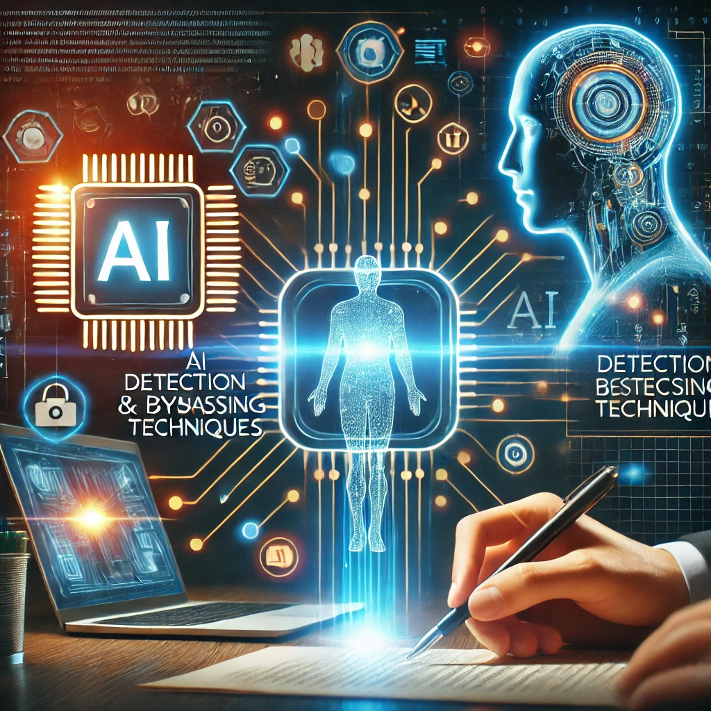 홀로그램 디스플레이에서 텍스트를 분석하는 AI 시스템, 노트북에서 콘텐츠를 편집하는 사람, AI 도구를 상징하는 빛나는 미래형 칩을 특징으로 하는 AI 감지 및 우회 기술을 보여주는 미래형 일러스트레이션입니다. 디자인은 세련되고 전문적이며 교육적인 목적을 가지고 있습니다