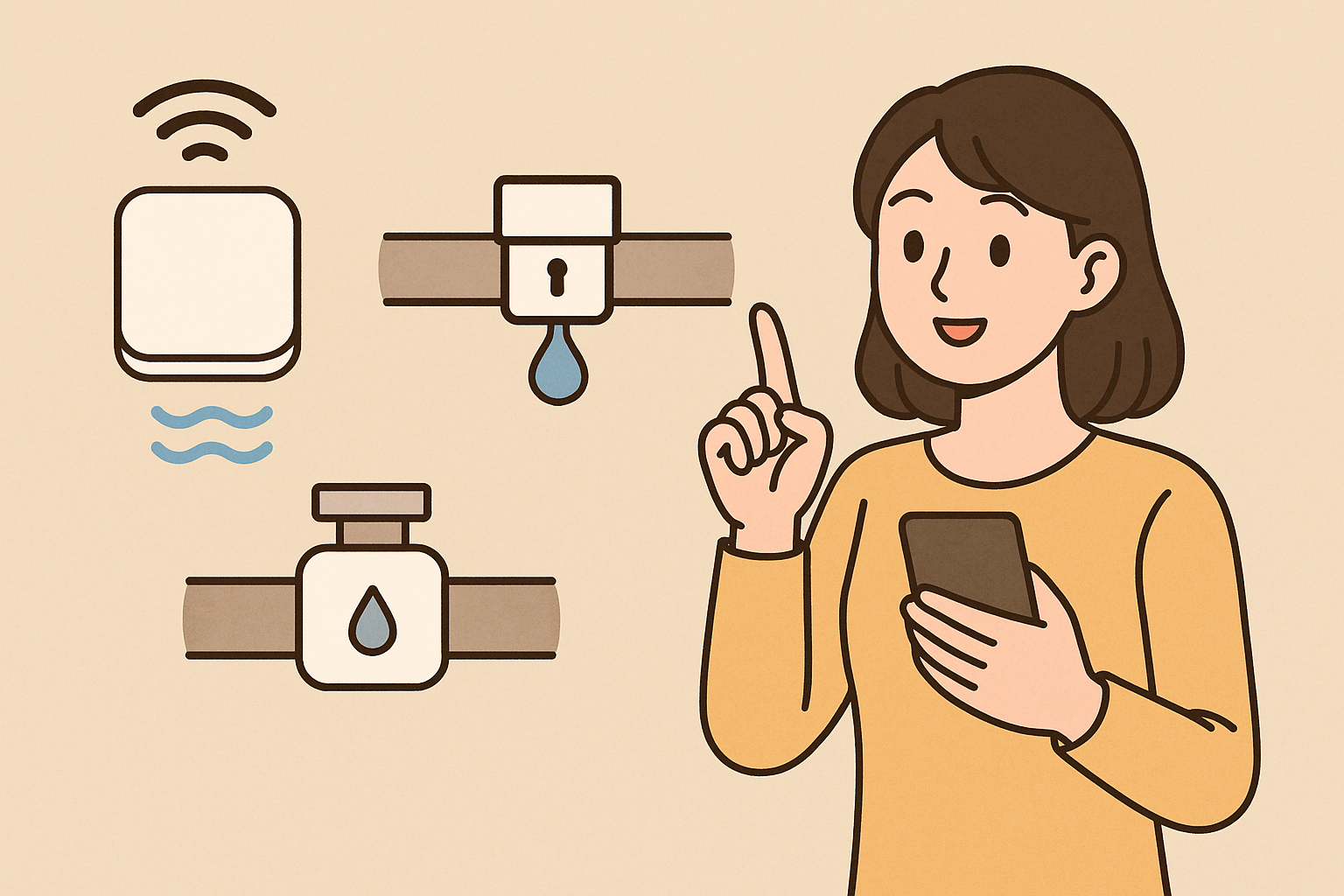 누수 감지 센서, 배관 감지기, 자동차단 밸브를 소개하는 여성의 일러스트