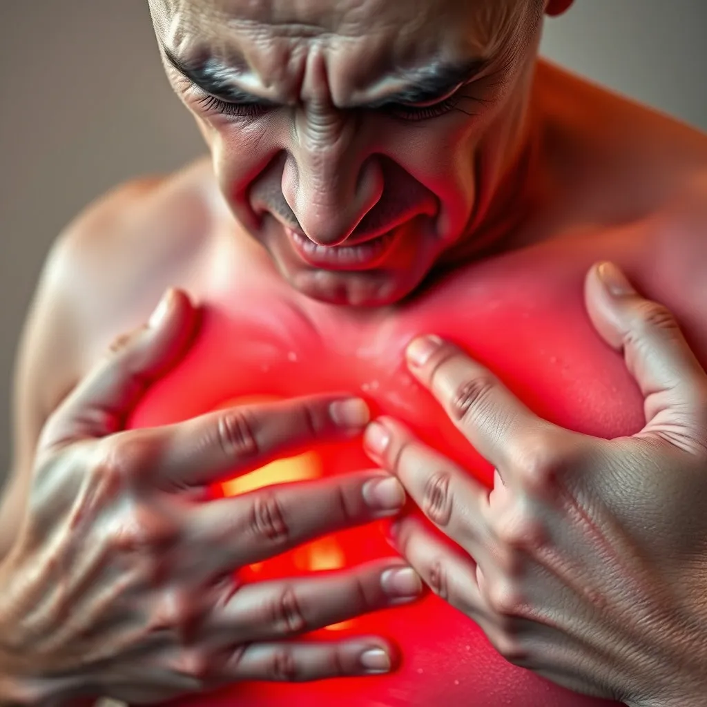 한 남성이 가슴 중앙을 움켜쥐고 고통스러워하는 클로즈업. 얼굴은 창백하고 이마에는 식은땀이 맺혀있으며, 가슴 부위에서 붉고 날카로운 빛이 뿜어져 나오는 듯한 시각적 효과를 추가해 주세요.