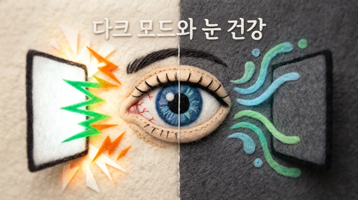 니들 펠트 양모 스타일로 표현한 라이트 모드와 다크 모드가 인간의 눈과 동공에 미치는 광학적 영향 대비 일러스트