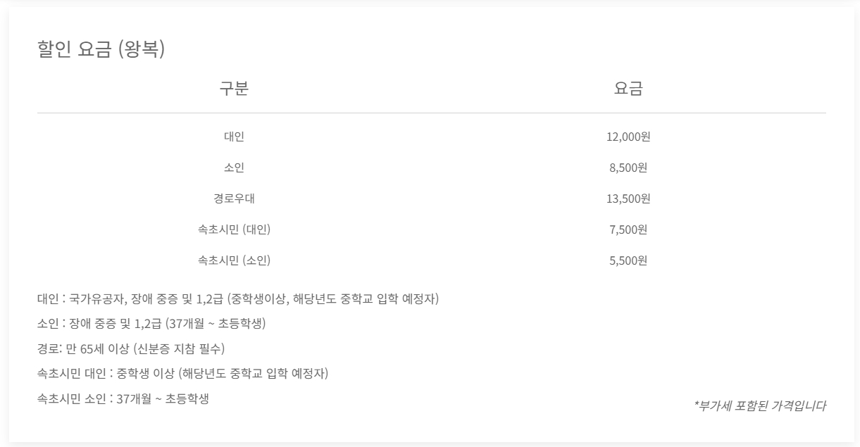 장애인 및 국가유공자 속초시민 할인 요금 정보