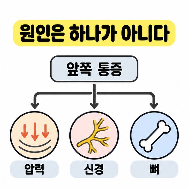 원인은 하나가 아니다 제목 아래 앞쪽 통증에서 압력, 신경, 뼈의 세 범주로 갈라지는 분류 도식