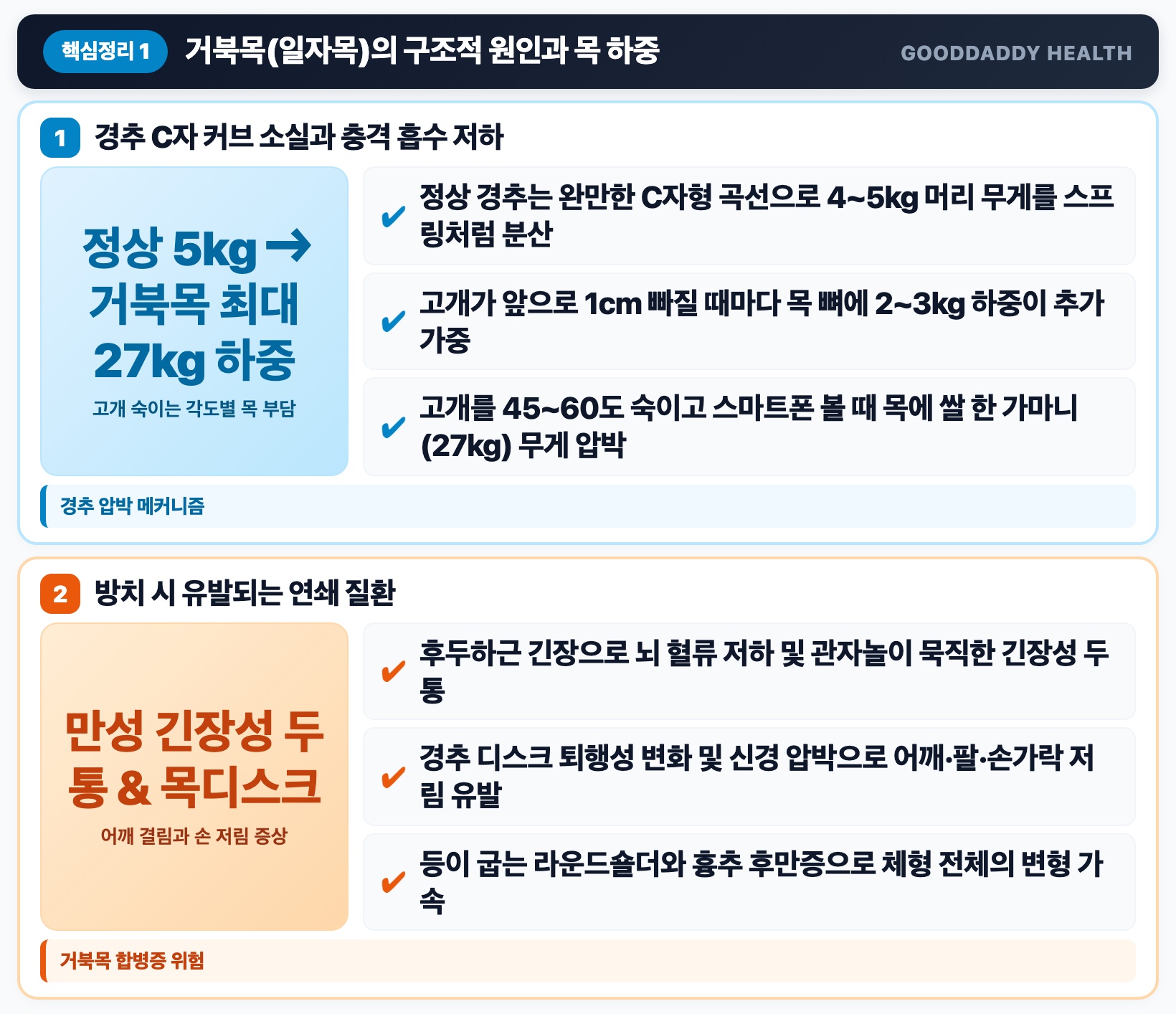 하중 분석 고개 1cm 숙일 때마다 3kg 증가! 거북목의 치명적 위협 핵심 요약 인포그래픽