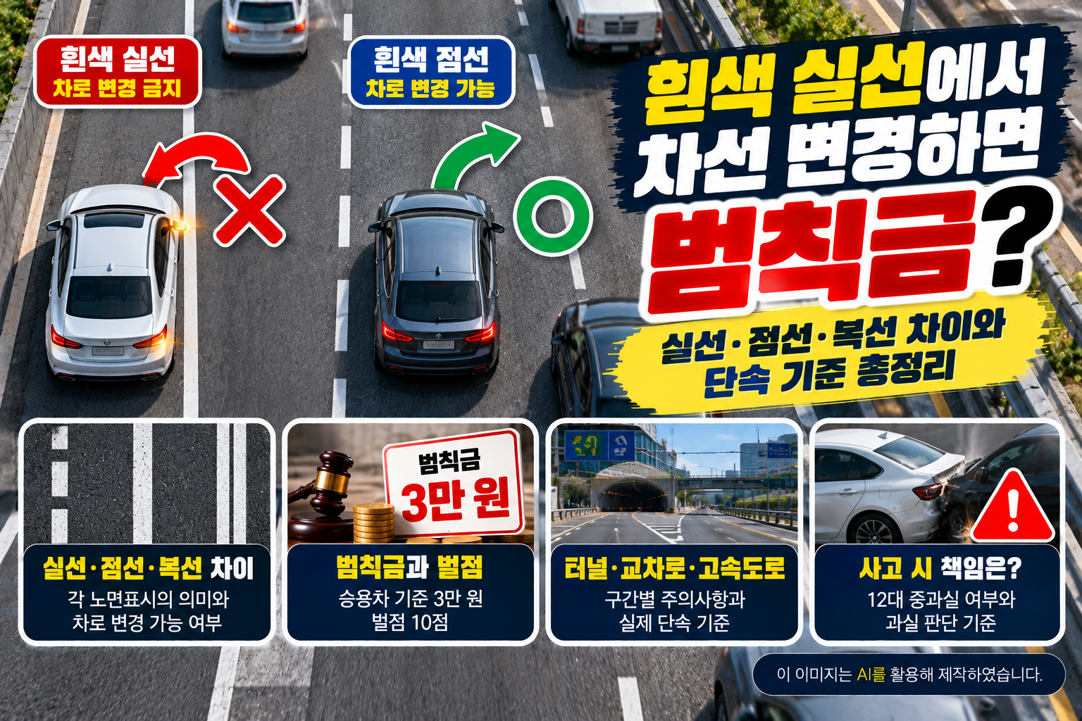 흰색 실선과 점선이 표시된 도로에서 자동차의 차로 변경 가능 여부를 비교하고, 흰색 실선·점선·복선의 차이, 차선 변경 위반 시 범칙금 3만 원과 벌점 10점, 터널·교차로·고속도로의 단속 기준 및 사고 발생 시 과실 책임을 설명하는 이미지
