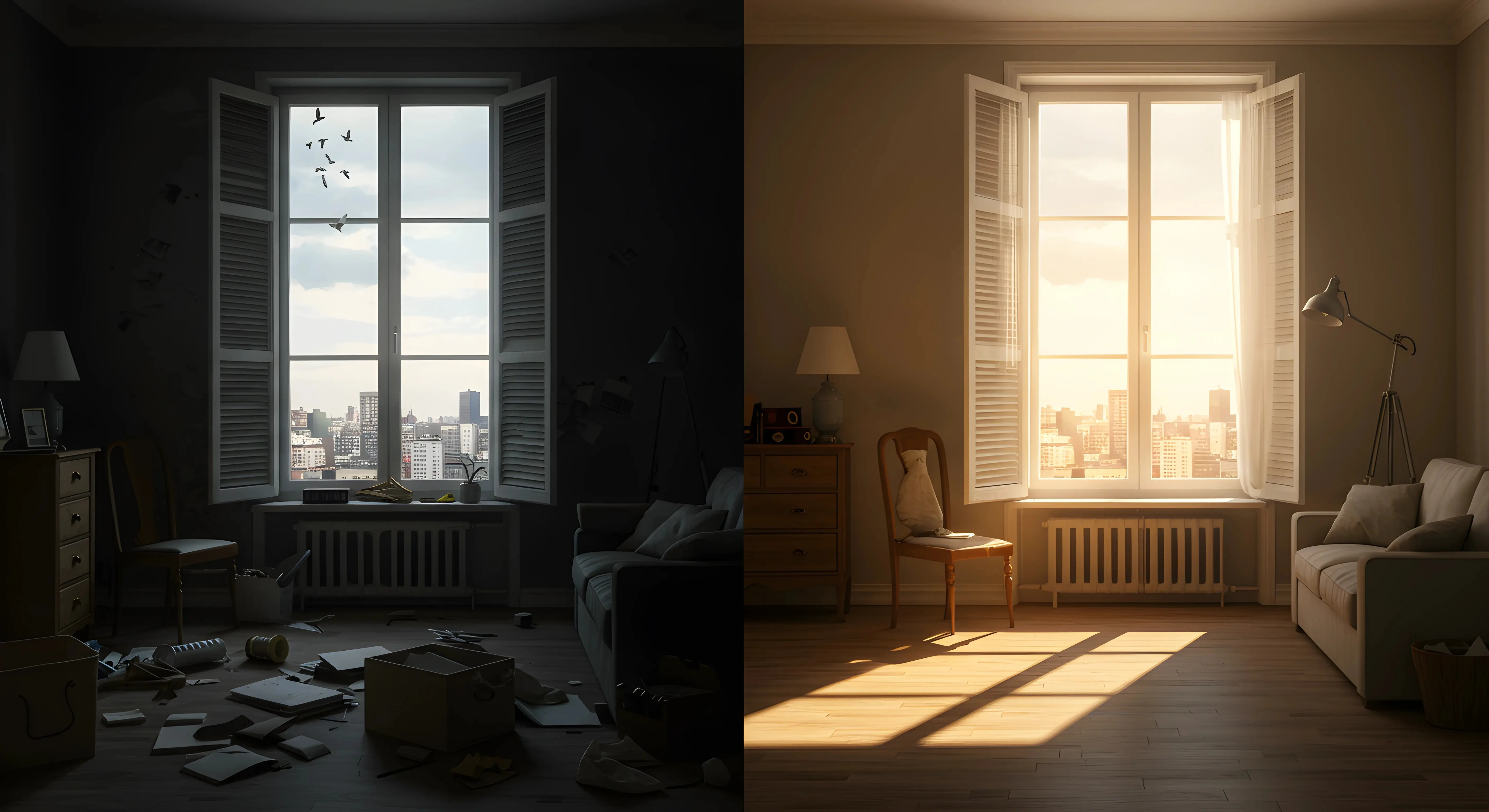 공간의 양면성: 왼쪽은 어지럽고 어두운 방에 물건들이 흩어져 있고 불안감이 느껴지며, 오른쪽은 정돈되고 밝은 햇살이 가득한 평온한 공간. 두 공간 모두 같은 창문으로 도시 전경을 바라보고 있어 정리의 힘을 대비적으로 보여줌.