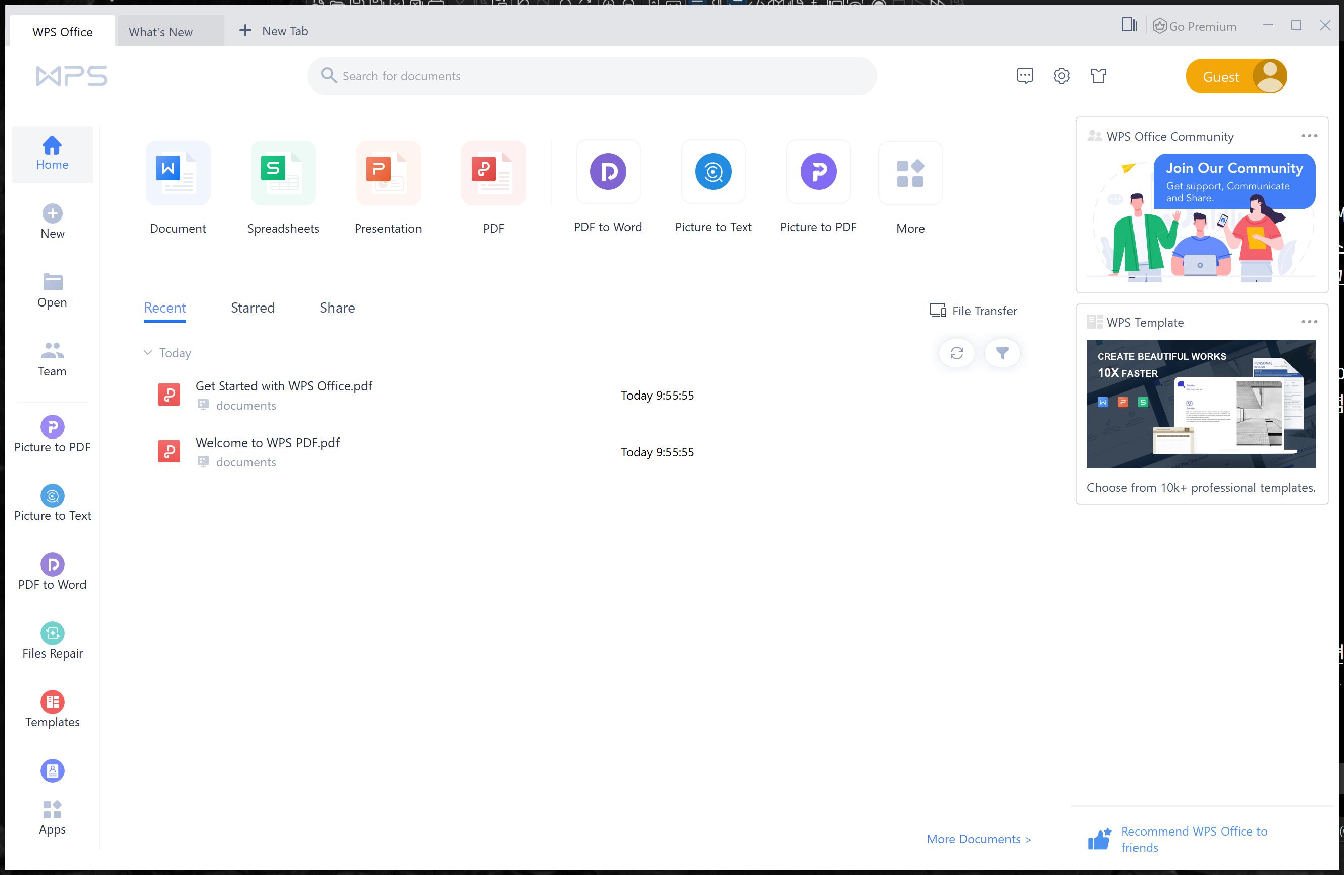 WPS 오피스(WPS Office) 대시보드