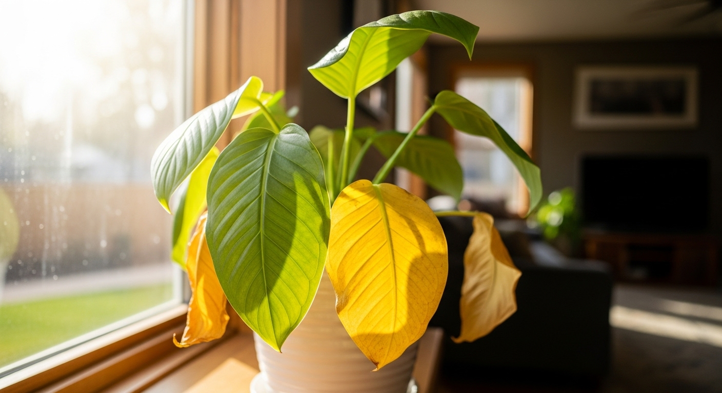 “노랗게 변한 잎이 보이는 실내 식물을 밝은 창가에 둔 장면”