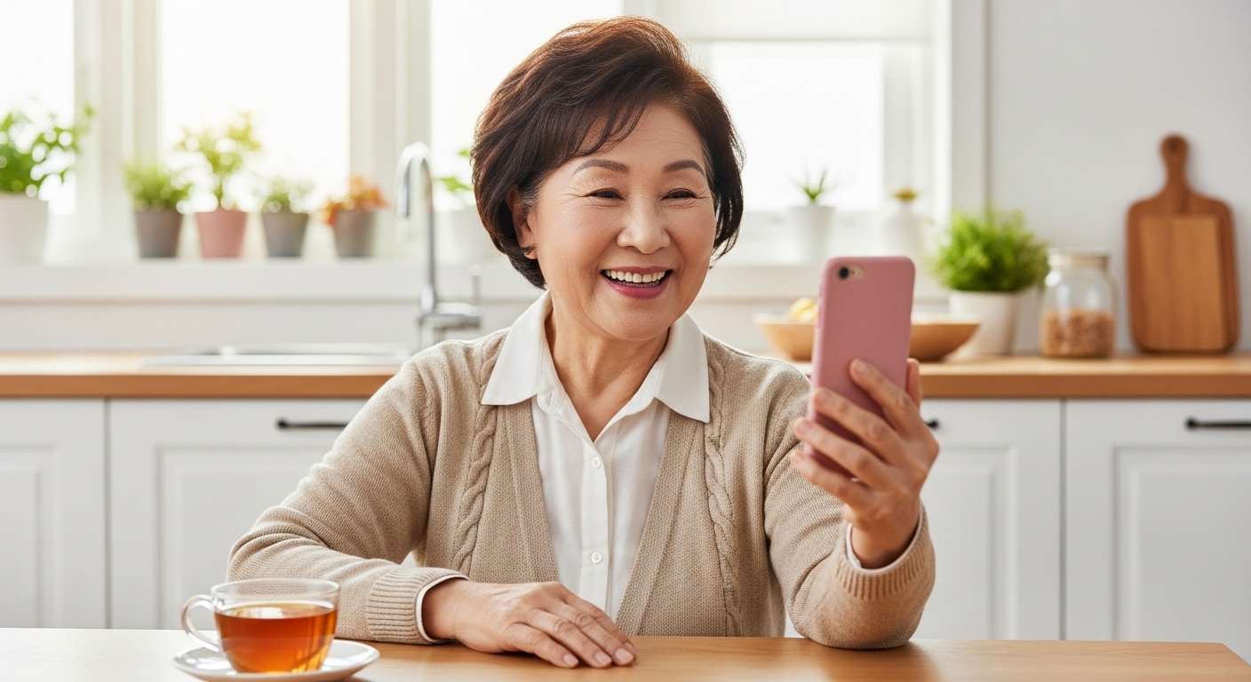 스마트폰 영상통화를 하며 활짝 웃는 어머니의 모습
